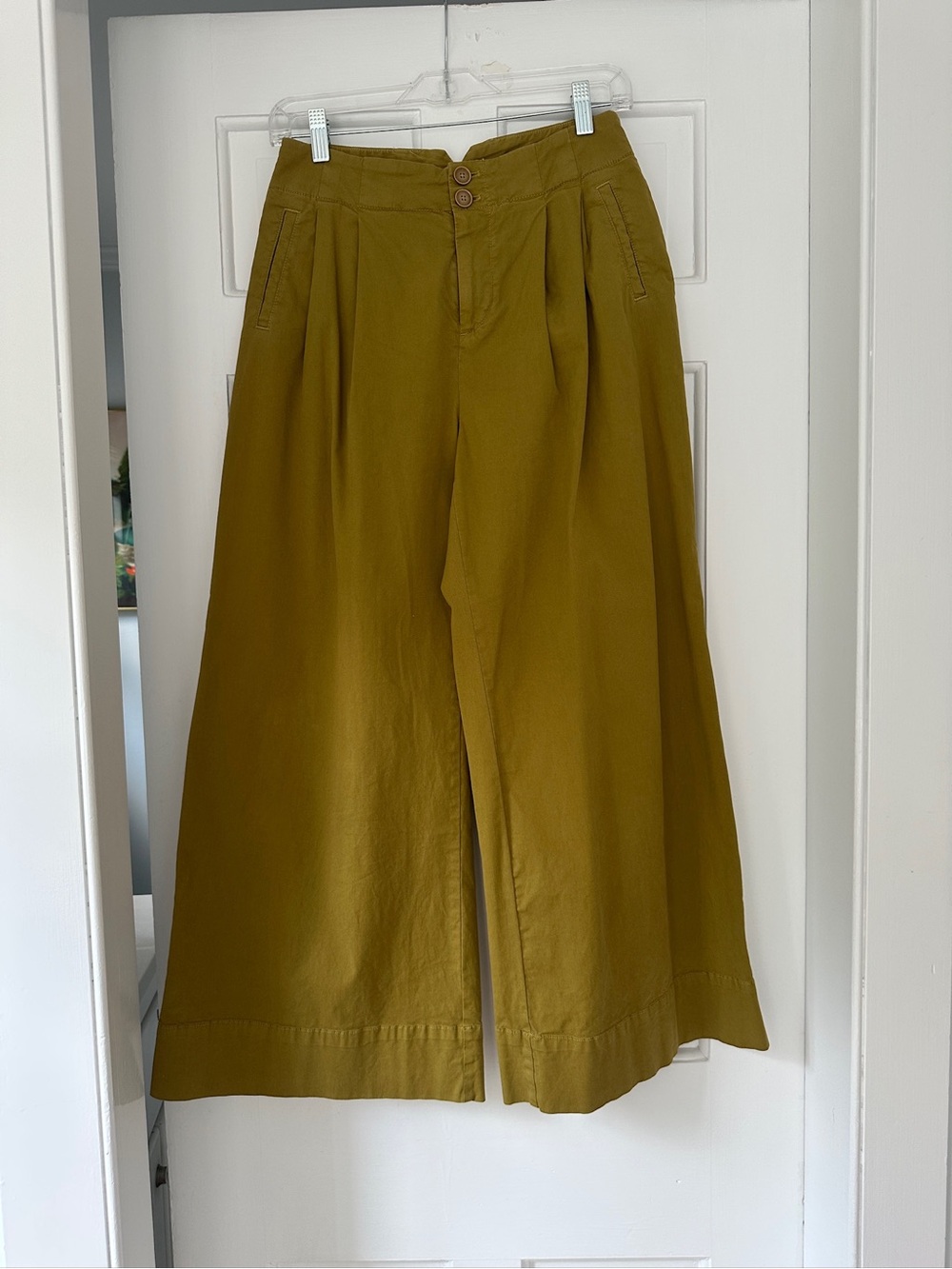 Anthropologie Maeve Cropped Wide Leg Green Summer Pants Trousers Size 0 Petite